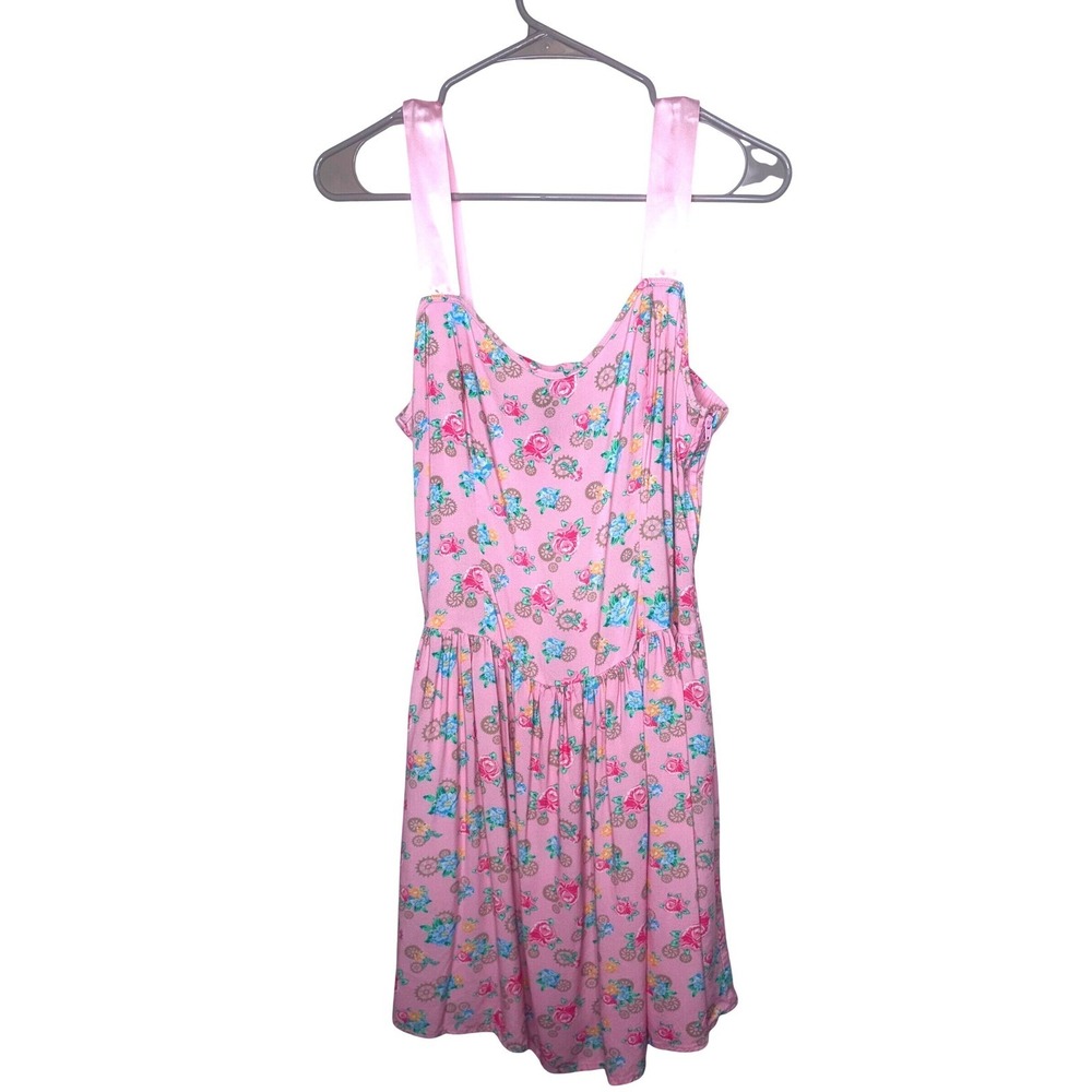Hot Topic Dress Pink Floral Gear Print Steampunk Sleeveless Rayon Large